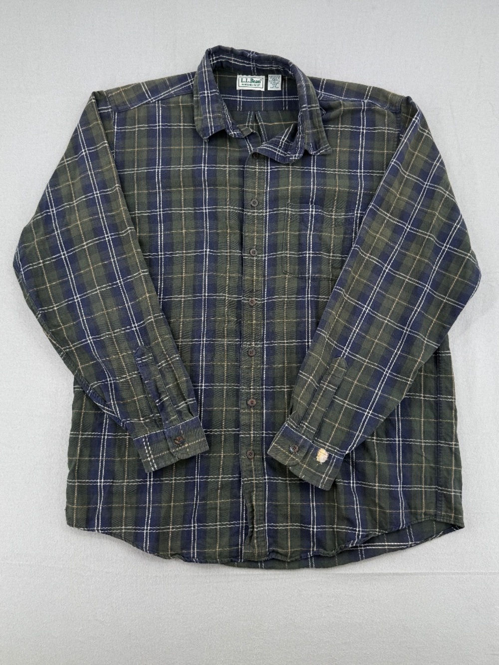 Vintage LL Bean Flannel Shirt Green Blue Plaid USA Gorpcore Outdoor Men L Tall